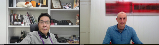 홍성완(왼쪽) 클루커스 대표와 데니즈 톨탑 데이터독 월드와이드 채널 부사장이 온라인으로 파트너십을 체결하고 있다.  클루커스 제공